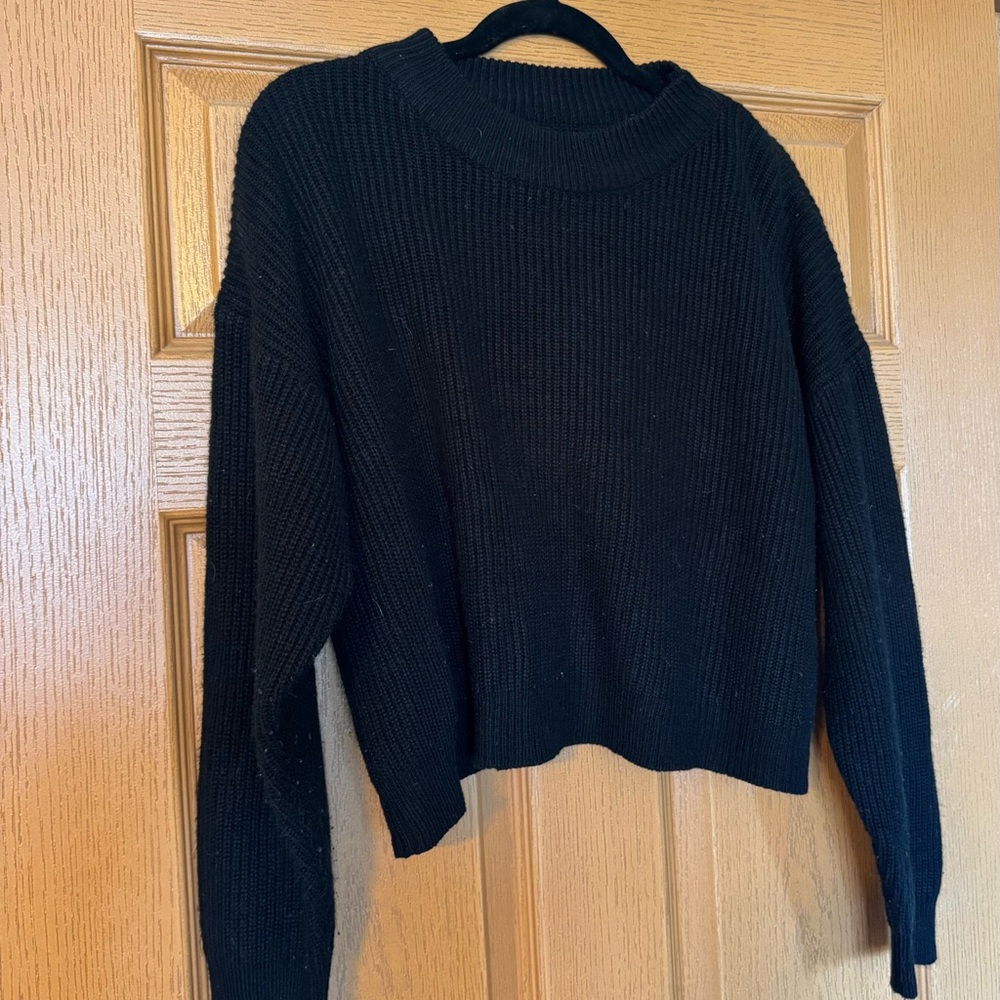 Black Ribbed Cropped Crewneck Sweater - Women